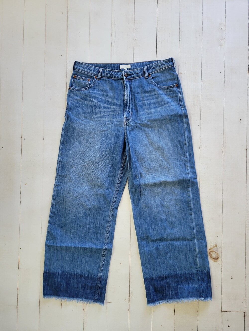 Earth Music & Ecology Denim Ankle Wide Leg Jeans Frayed Hem Dip Dye Japan L